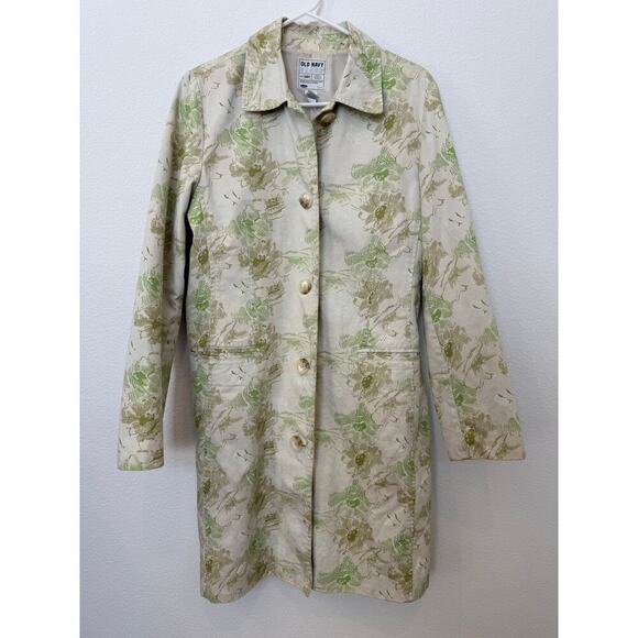 Vintage‎ Y2K Old Navy Floral Botanical Trench Coat Pockets Lined Green Cream L - Picture 1 of 9
